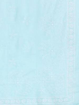 Women Turquoise Blue Floral Embroidered Mirror Work Chanderi Silk Kurta with Trousers & With 5