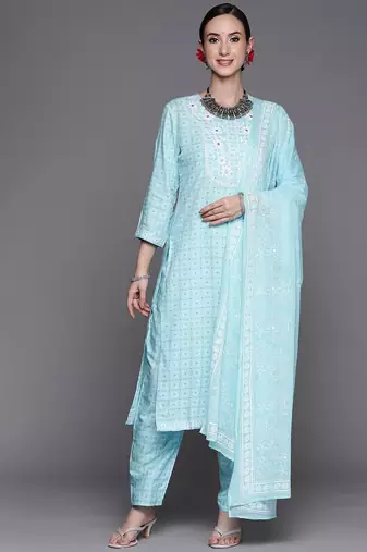 Women Turquoise Blue Floral Embroidered Mirror Work Chanderi Silk Kurta with Trousers & With