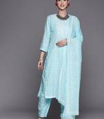 Women Turquoise Blue Floral Embroidered Mirror Work Chanderi Silk Kurta with Trousers & With