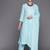 Women Turquoise Blue Floral Embroidered Mirror Work Chanderi Silk Kurta with Trousers & With