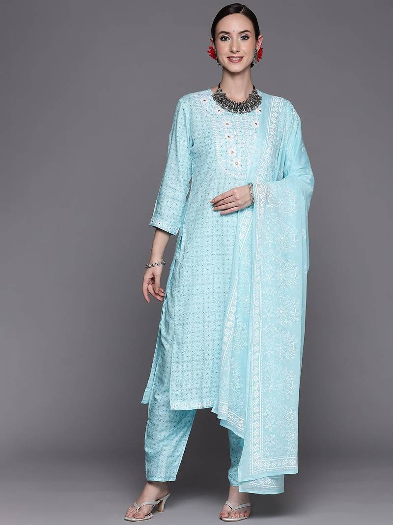 Women Turquoise Blue Floral Embroidered Mirror Work Chanderi Silk Kurta with Trousers & With