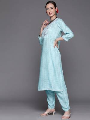 Women Turquoise Blue Floral Embroidered Mirror Work Chanderi Silk Kurta with Trousers & With 6