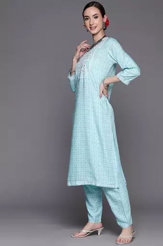 Women Turquoise Blue Floral Embroidered Mirror Work Chanderi Silk Kurta with Trousers & With