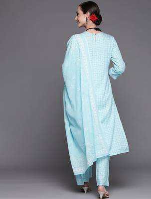 Women Turquoise Blue Floral Embroidered Mirror Work Chanderi Silk Kurta with Trousers & With 7