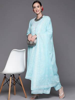 Women Turquoise Blue Floral Embroidered Mirror Work Chanderi Silk Kurta with Trousers & With 8