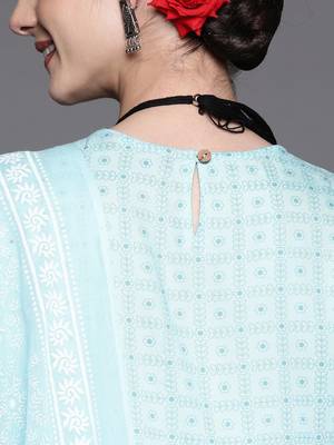 Women Turquoise Blue Floral Embroidered Mirror Work Chanderi Silk Kurta with Trousers & With 9