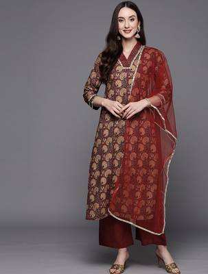 Women Maroon Floral Printed Sequinned Kurta with Palazzos & Dupatta 1
