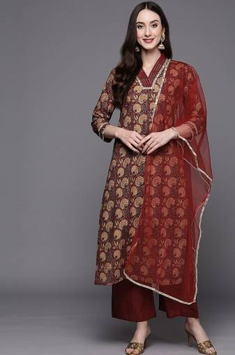 Women Maroon Floral Printed Sequinned Kurta with Palazzos & Dupatta