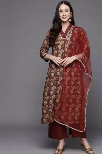 Women Maroon Floral Printed Sequinned Kurta with Palazzos & Dupatta