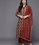 Women Maroon Floral Printed Sequinned Kurta with Palazzos & Dupatta