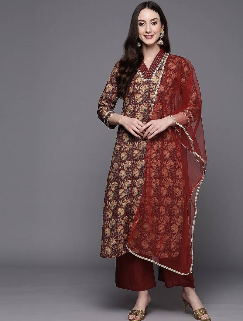 Women Maroon Floral Printed Sequinned Kurta with Palazzos & Dupatta