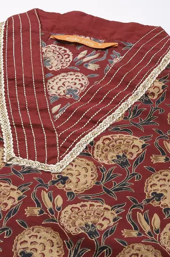 Women Maroon Floral Printed Sequinned Kurta with Palazzos & Dupatta