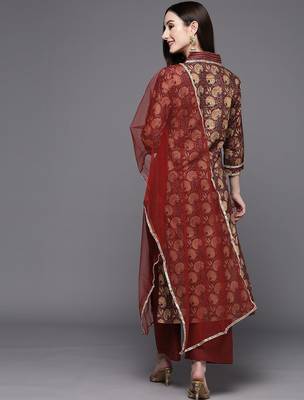 Women Maroon Floral Printed Sequinned Kurta with Palazzos & Dupatta 5