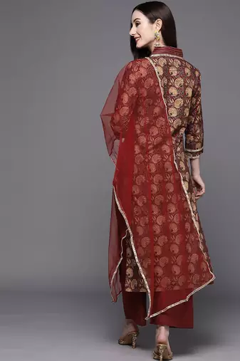 Women Maroon Floral Printed Sequinned Kurta with Palazzos & Dupatta