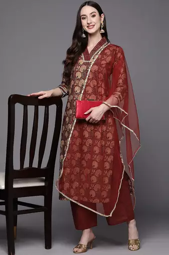 Women Maroon Floral Printed Sequinned Kurta with Palazzos & Dupatta