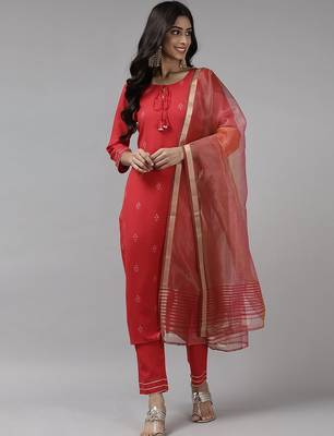 Women Red Ethnic Motifs Embroidered Sequinned Kurta with Trousers & With Dupatta 1