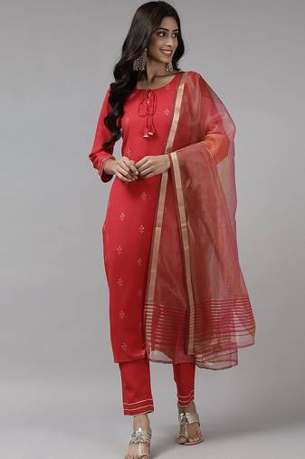 Women Red Ethnic Motifs Embroidered Sequinned Kurta with Trousers & With Dupatta