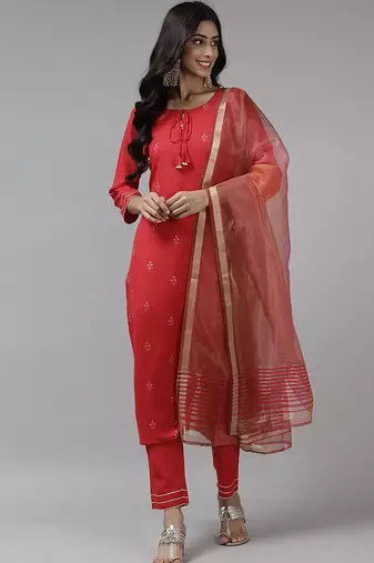 Women Red Ethnic Motifs Embroidered Sequinned Kurta with Trousers & With Dupatta