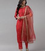 Women Red Ethnic Motifs Embroidered Sequinned Kurta with Trousers & With Dupatta