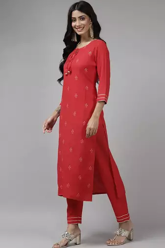 Women Red Ethnic Motifs Embroidered Sequinned Kurta with Trousers & With Dupatta