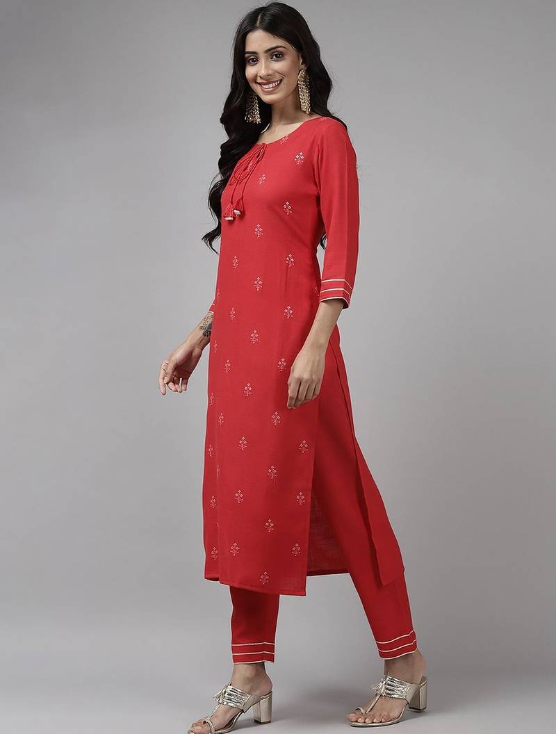 Women Red Ethnic Motifs Embroidered Sequinned Kurta with Trousers & With Dupatta