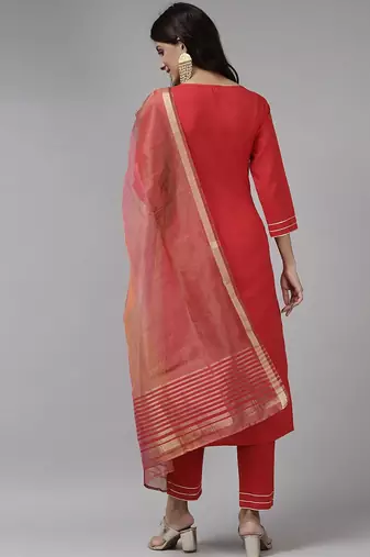Women Red Ethnic Motifs Embroidered Sequinned Kurta with Trousers & With Dupatta