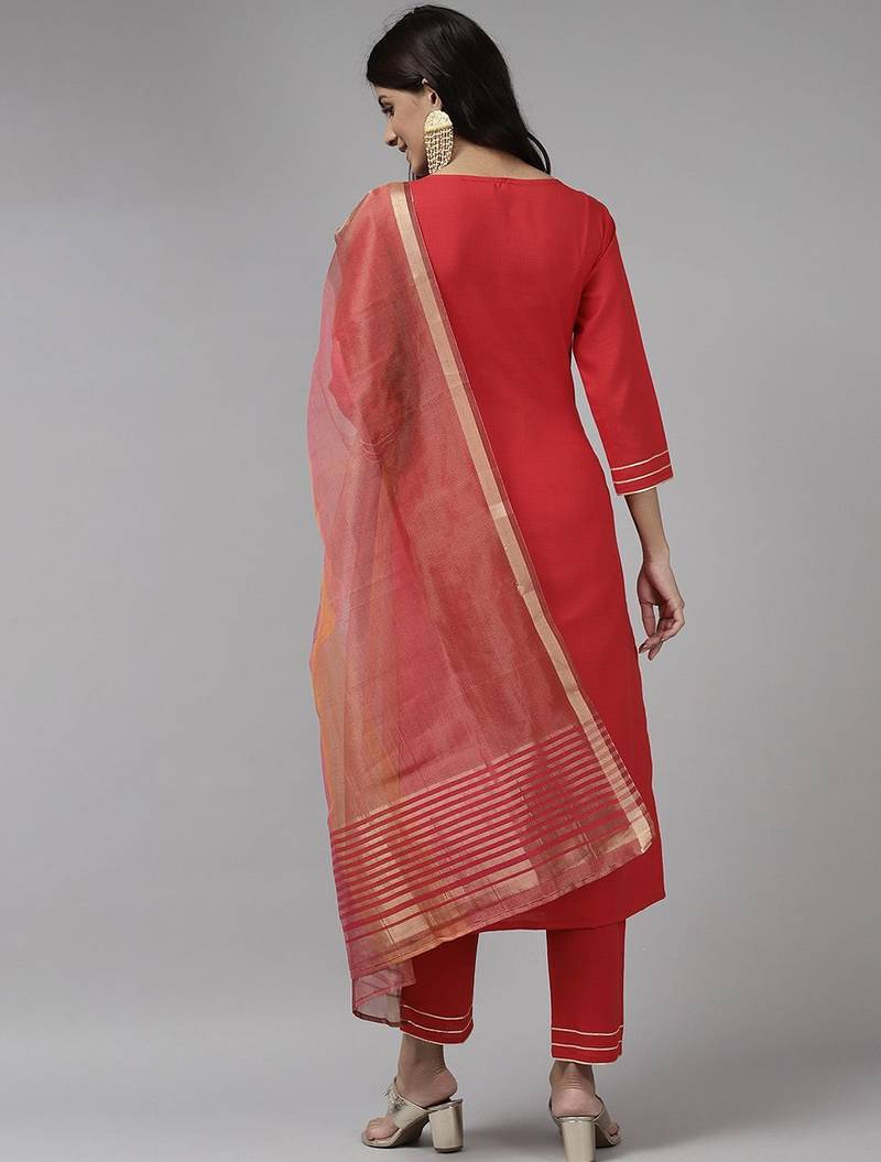 Women Red Ethnic Motifs Embroidered Sequinned Kurta with Trousers & With Dupatta