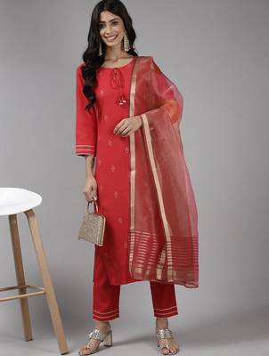 Women Red Ethnic Motifs Embroidered Sequinned Kurta with Trousers & With Dupatta 7