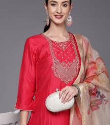 women fuchsia pink ethnic motifs yoke design kurta with trousers & dupatta