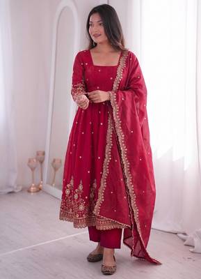 red color sequin embroidery silk blend gown set 1