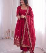 red color sequin embroidery silk blend gown set