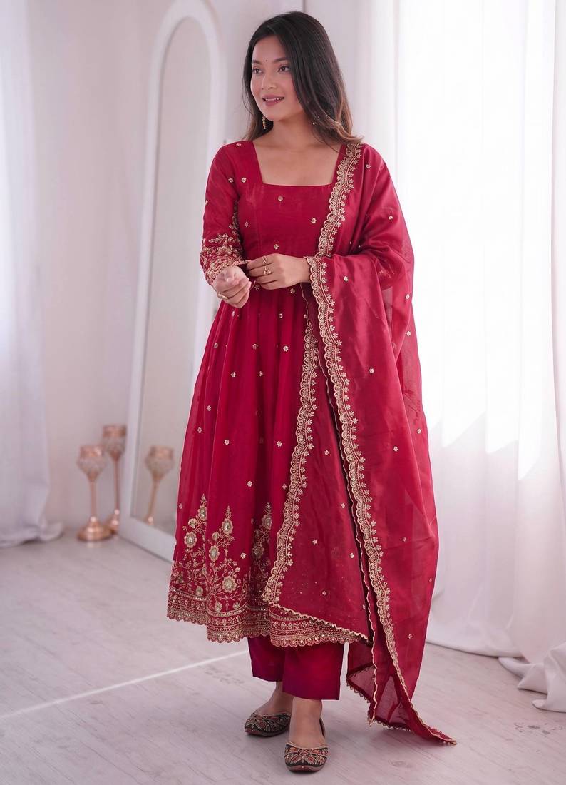 red color sequin embroidery silk blend gown set