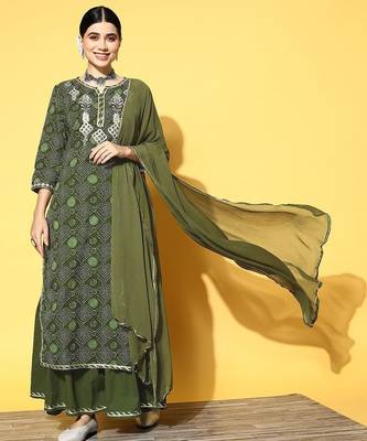 Women Green Ethnic Motifs Printed Gotta Patti Kurta with Sharara & With Dupatta 1