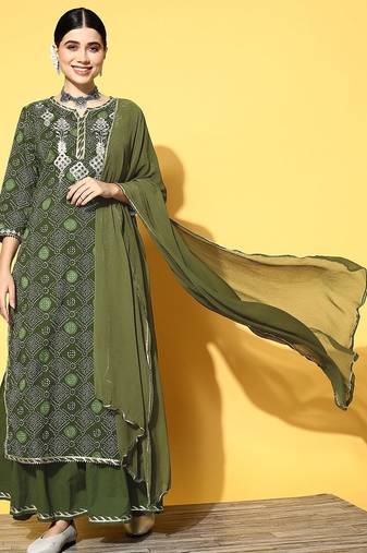 Women Green Ethnic Motifs Printed Gotta Patti Kurta with Sharara & With Dupatta