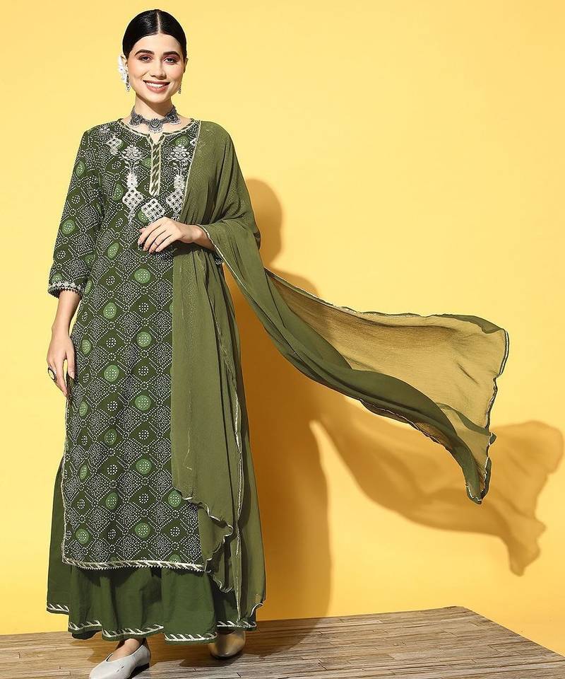 Women Green Ethnic Motifs Printed Gotta Patti Kurta with Sharara & With Dupatta