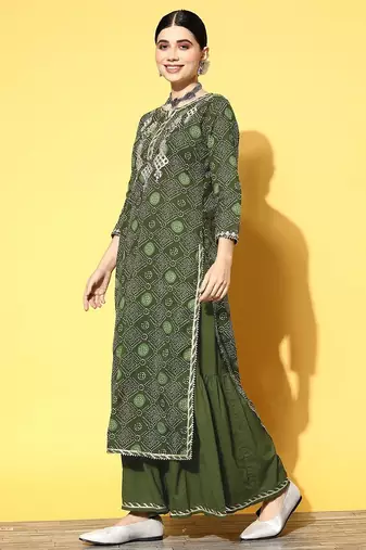 Women Green Ethnic Motifs Printed Gotta Patti Kurta with Sharara & With Dupatta