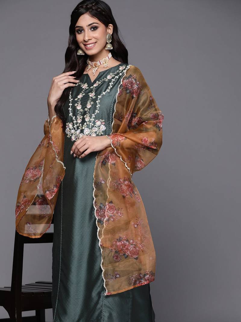 Women Green Ethnic Motifs Embroidered Kurta with Trousers & With Dupatta