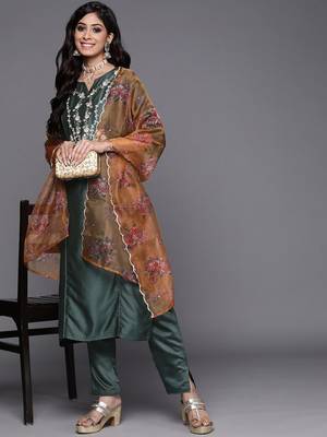 Women Green Ethnic Motifs Embroidered Kurta with Trousers & With Dupatta 8