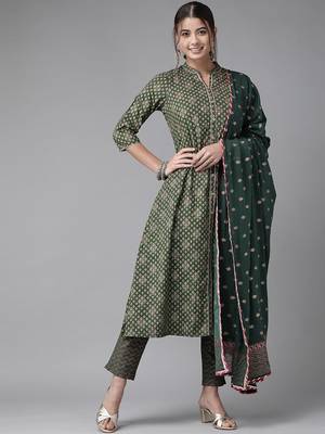 Women Green Ethnic Motifs Printed Pleated Gotta Patti Kurta with Palazzos & With Dupatta 1