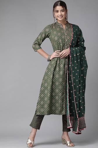 Women Green Ethnic Motifs Printed Pleated Gotta Patti Kurta with Palazzos & With Dupatta
