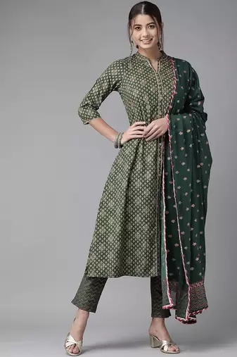 Women Green Ethnic Motifs Printed Pleated Gotta Patti Kurta with Palazzos & With Dupatta