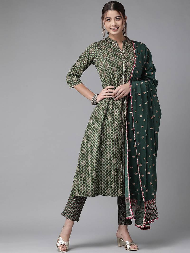 Women Green Ethnic Motifs Printed Pleated Gotta Patti Kurta with Palazzos & With Dupatta