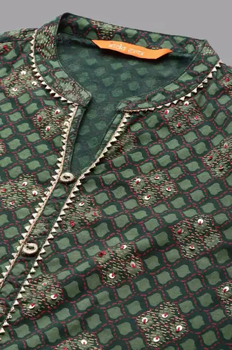 Women Green Ethnic Motifs Printed Pleated Gotta Patti Kurta with Palazzos & With Dupatta