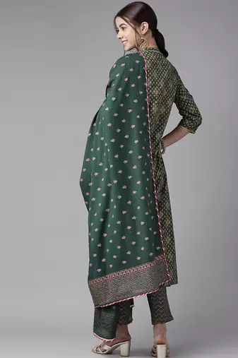 Women Green Ethnic Motifs Printed Pleated Gotta Patti Kurta with Palazzos & With Dupatta