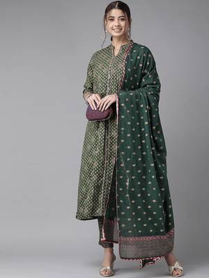 Women Green Ethnic Motifs Printed Pleated Gotta Patti Kurta with Palazzos & With Dupatta 7