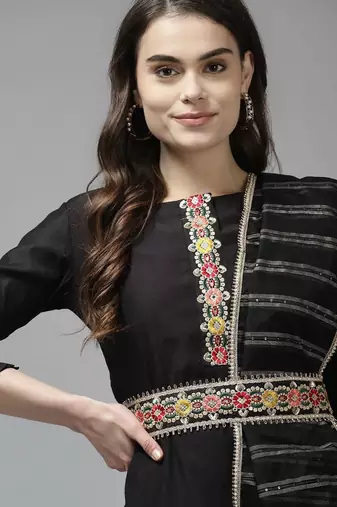 Women Black Liva Sequin Detail Kurta with Trousers & Dupatta