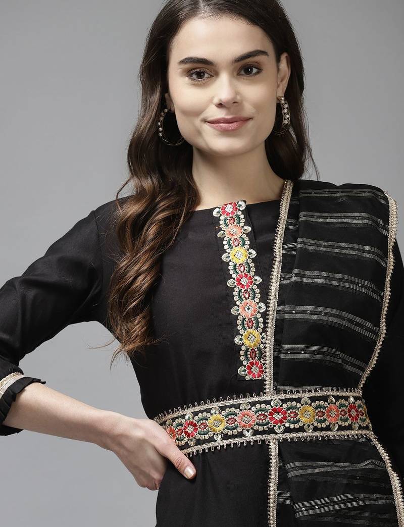 Women Black Liva Sequin Detail Kurta with Trousers & Dupatta