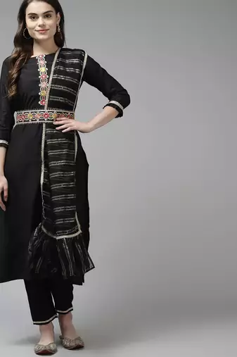Women Black Liva Sequin Detail Kurta with Trousers & Dupatta