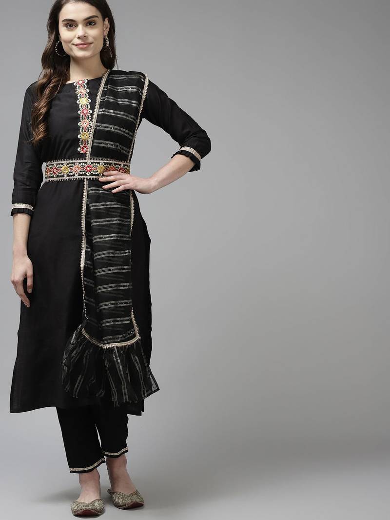 Women Black Liva Sequin Detail Kurta with Trousers & Dupatta