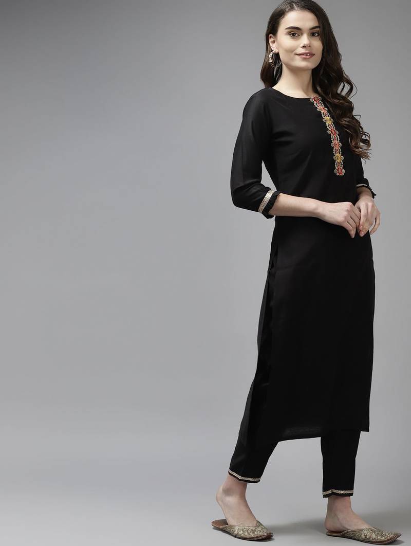 Women Black Liva Sequin Detail Kurta with Trousers & Dupatta